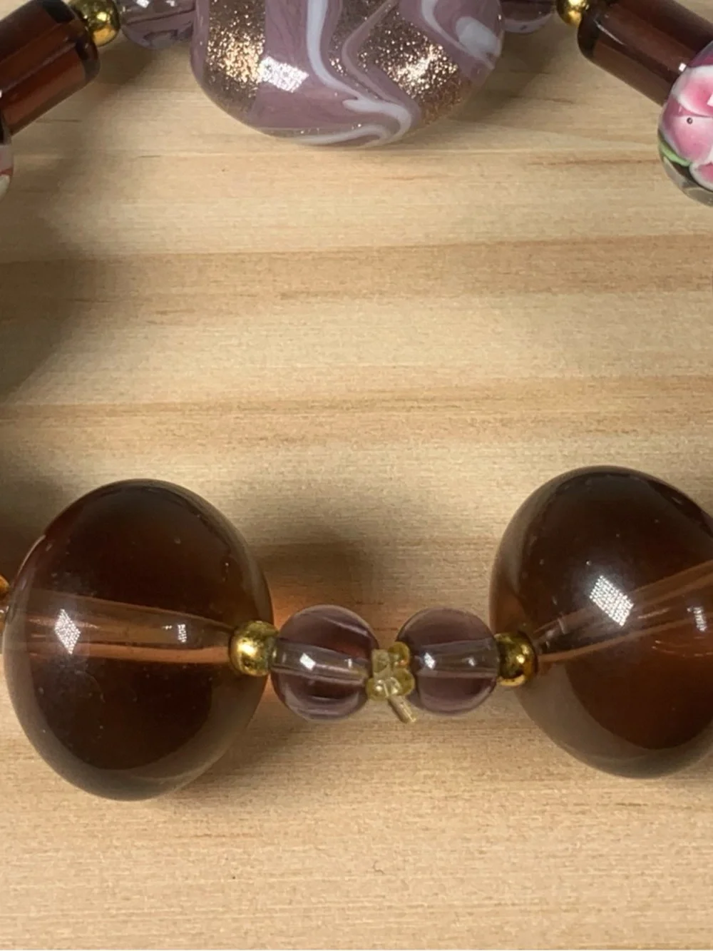Vintage Purple Floral Murano Lampwork Glass Beaded Stretch Bracelet 7”